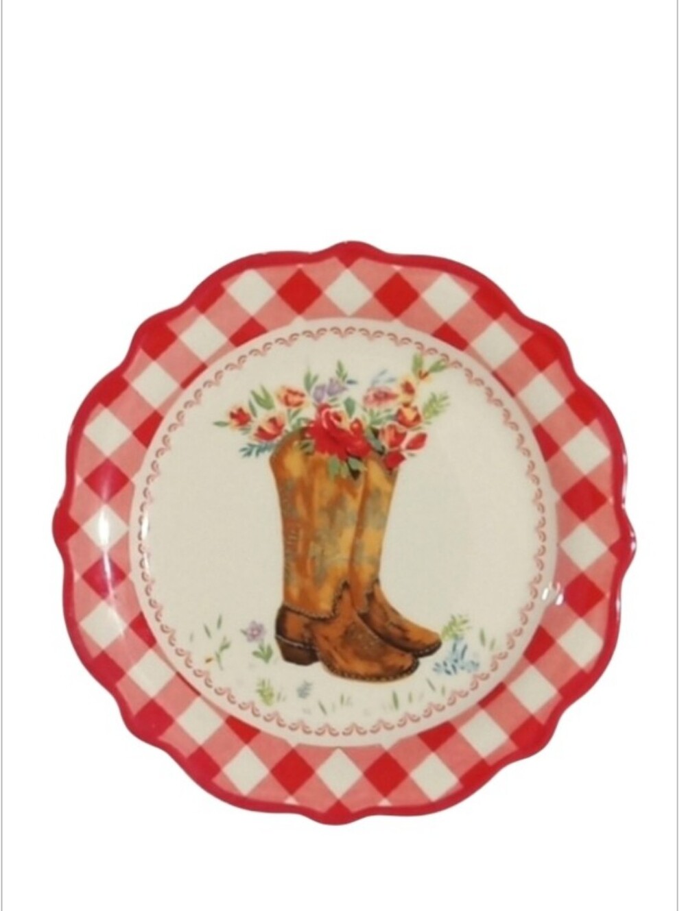 The Pioneer Woman Red & White Gingham Boots & Flowers 7" Appetizer Plate NWT